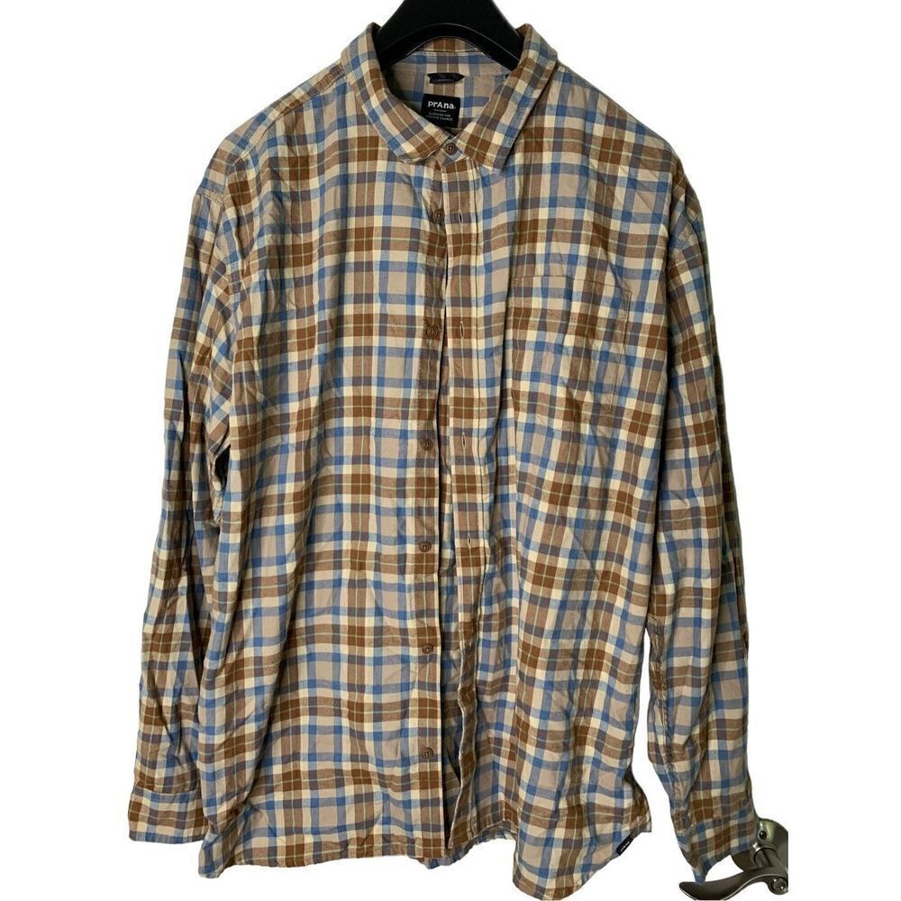 Prana button down shirt plaid flannel slim fit organic cotton men's size XXL